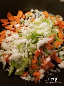 Mirepoix (carrots, celery, and onions) about to be cooked. © cmurraycook.com