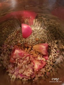 lentils, tomatoes, and onions in a pot. © cmurraycook.com